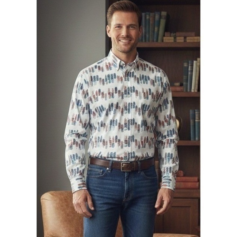 Robert Graham Button Down Long Sleeve Shirt Mens 2TG White All Over Print Preppy
